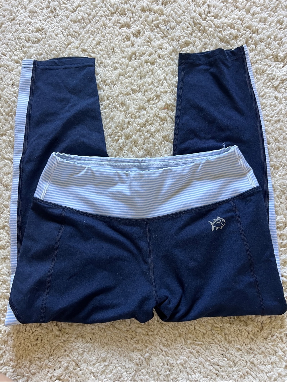 Southern Tide Navy Leggings with Light Blue Striped Waistband